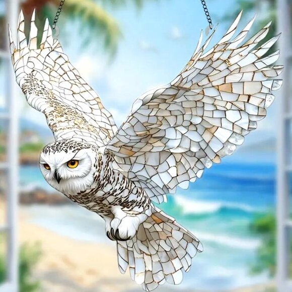 Suncatcher Owl Flying Hanging Window Decor White Garden Wildlife Majestic NEW - Picture 1 of 3